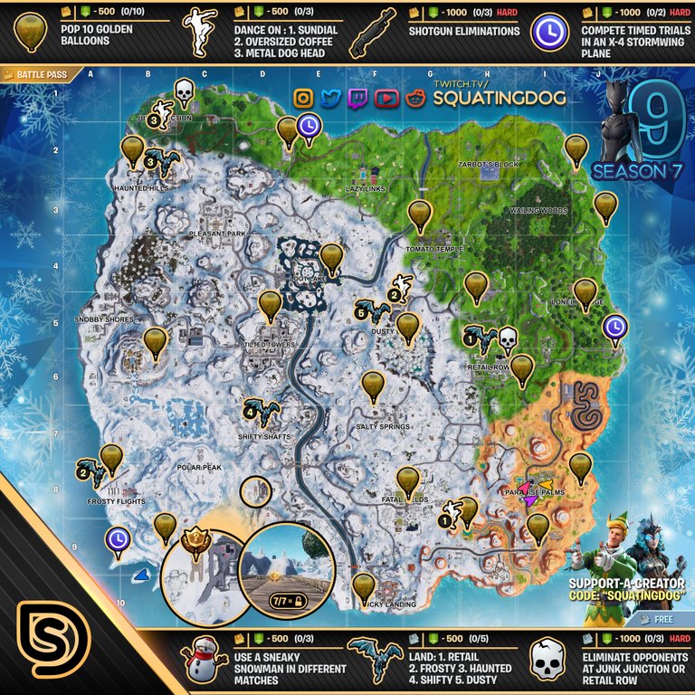 fortnite season 7 week 9 cheat sheet map - week 9 fortnite free tier