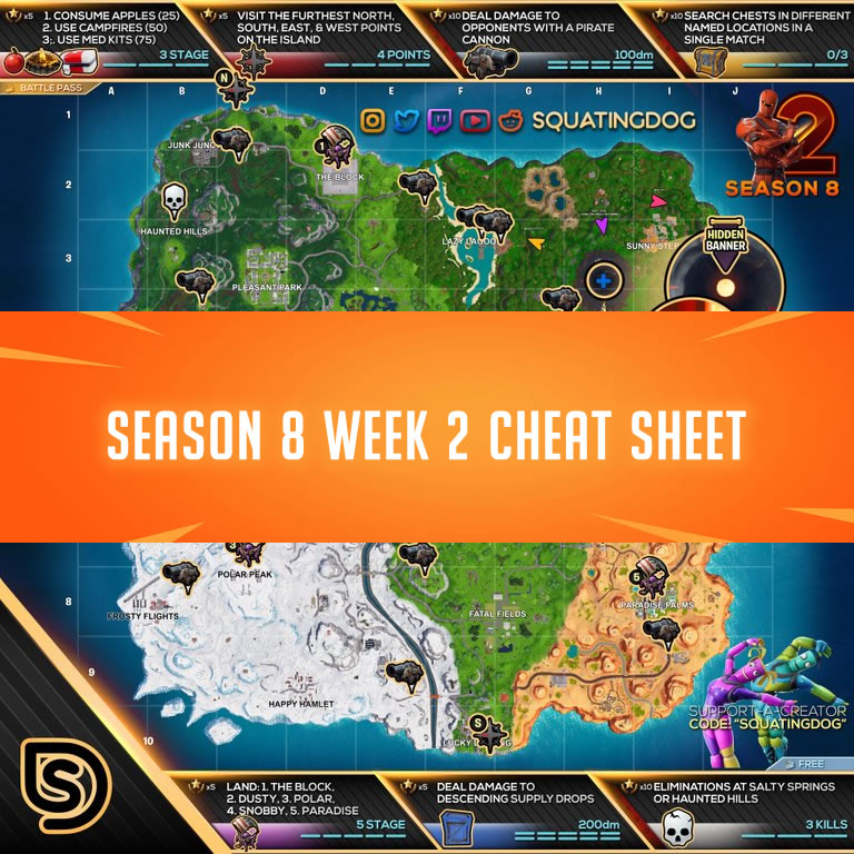 how to complete season 8 week 2 challenges fortnite season 8 week 2 cheat sheet - fortnite season 7 week 8 cheat sheet