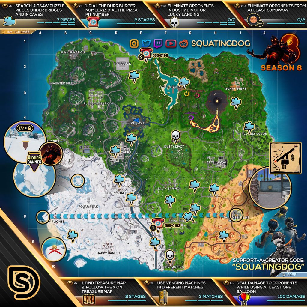 fortnite season 8 week 8 cheat sheet - fortnite durr burger number fatal fields