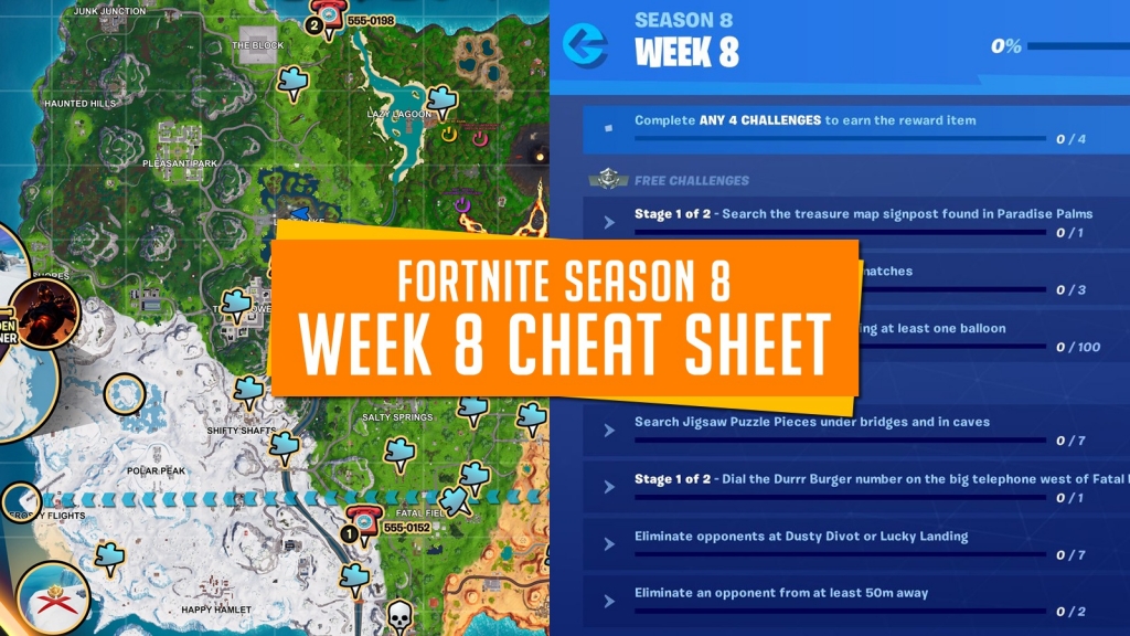 Fortnite Season 8 Week 8 Cheat Sheet - Week 8 Challenge Map | GameGuideHQ